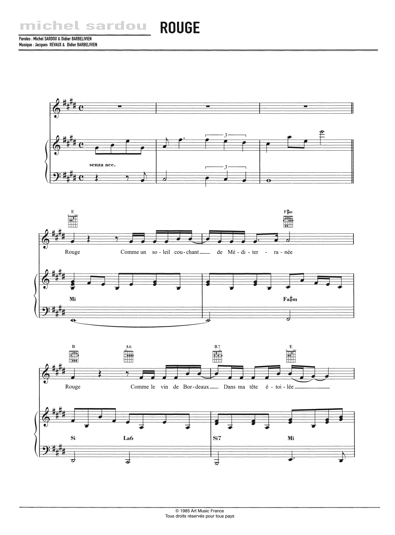 Michel Sardou Rouge Sheet Music