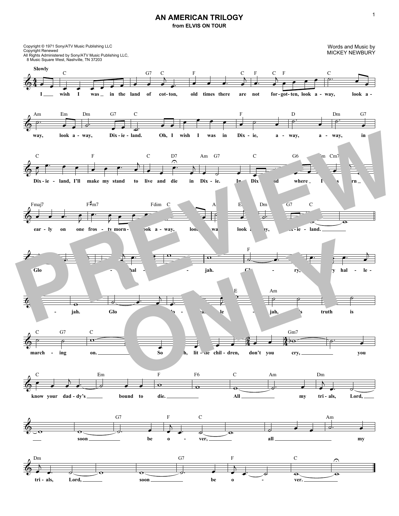 Mickey Newbury An American Trilogy Sheet Music