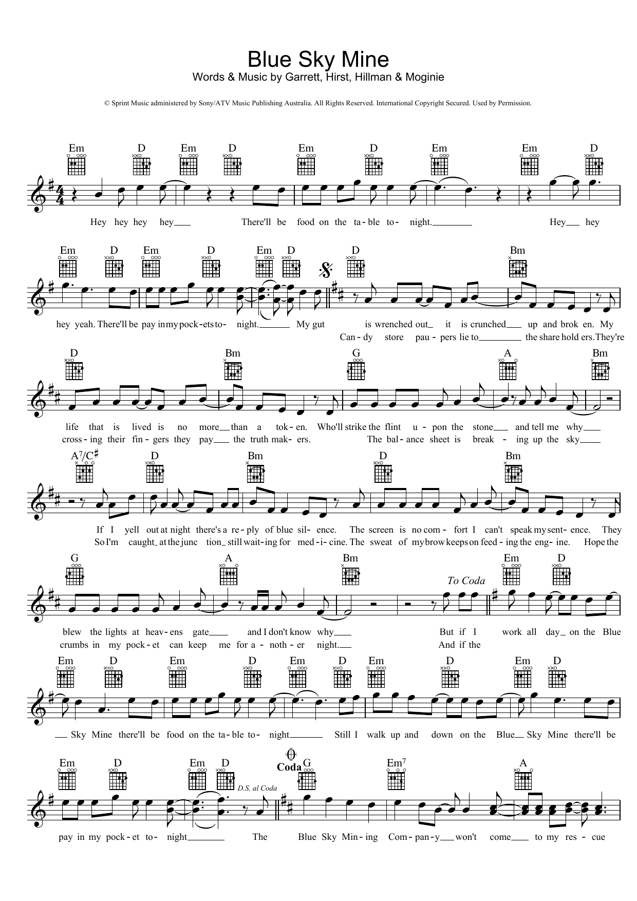 Midnight Oil Blue Sky Mine Sheet Music
