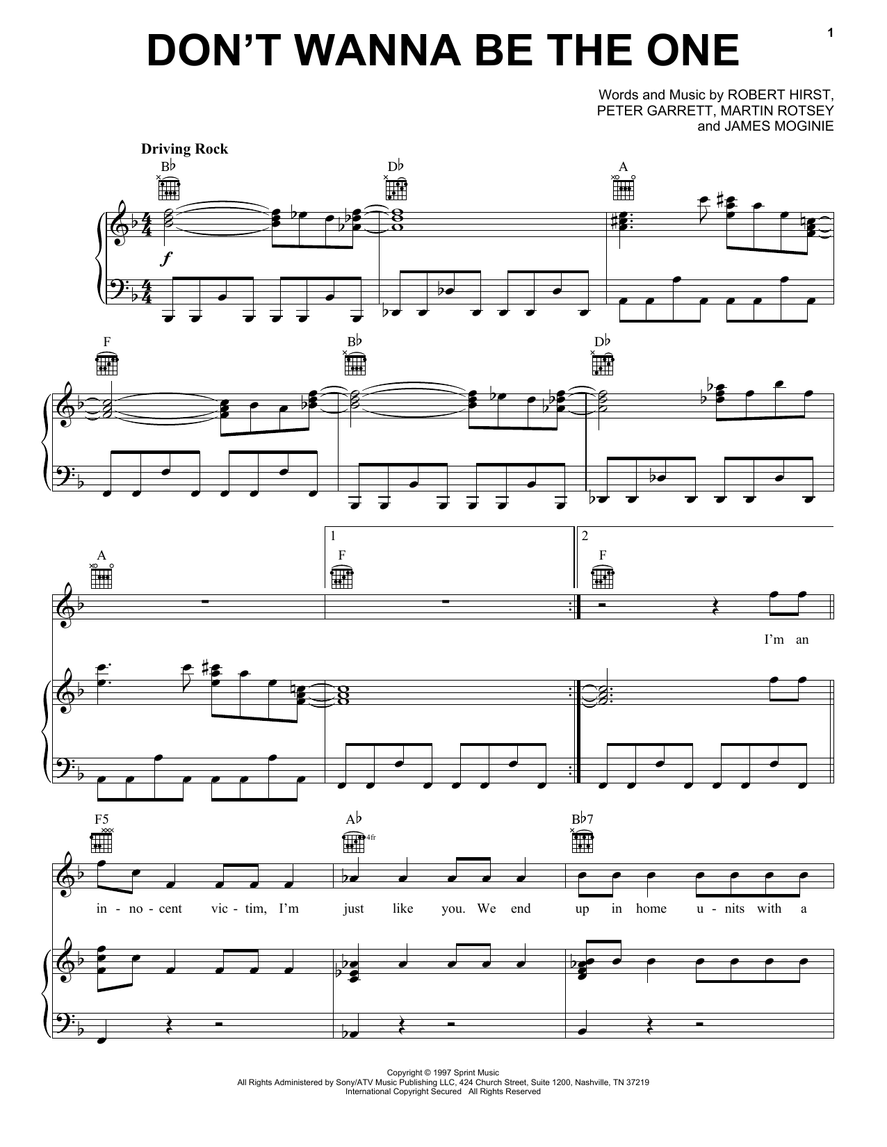 Midnight Oil Don't Wanna Be The One Sheet Music