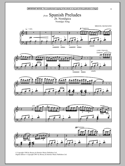 Miguel Manzano Spanish Preludes, 2b. Nostalgica (Nostalgic Song) Sheet Music
