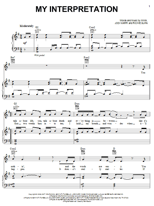 Mika My Interpretation Sheet Music