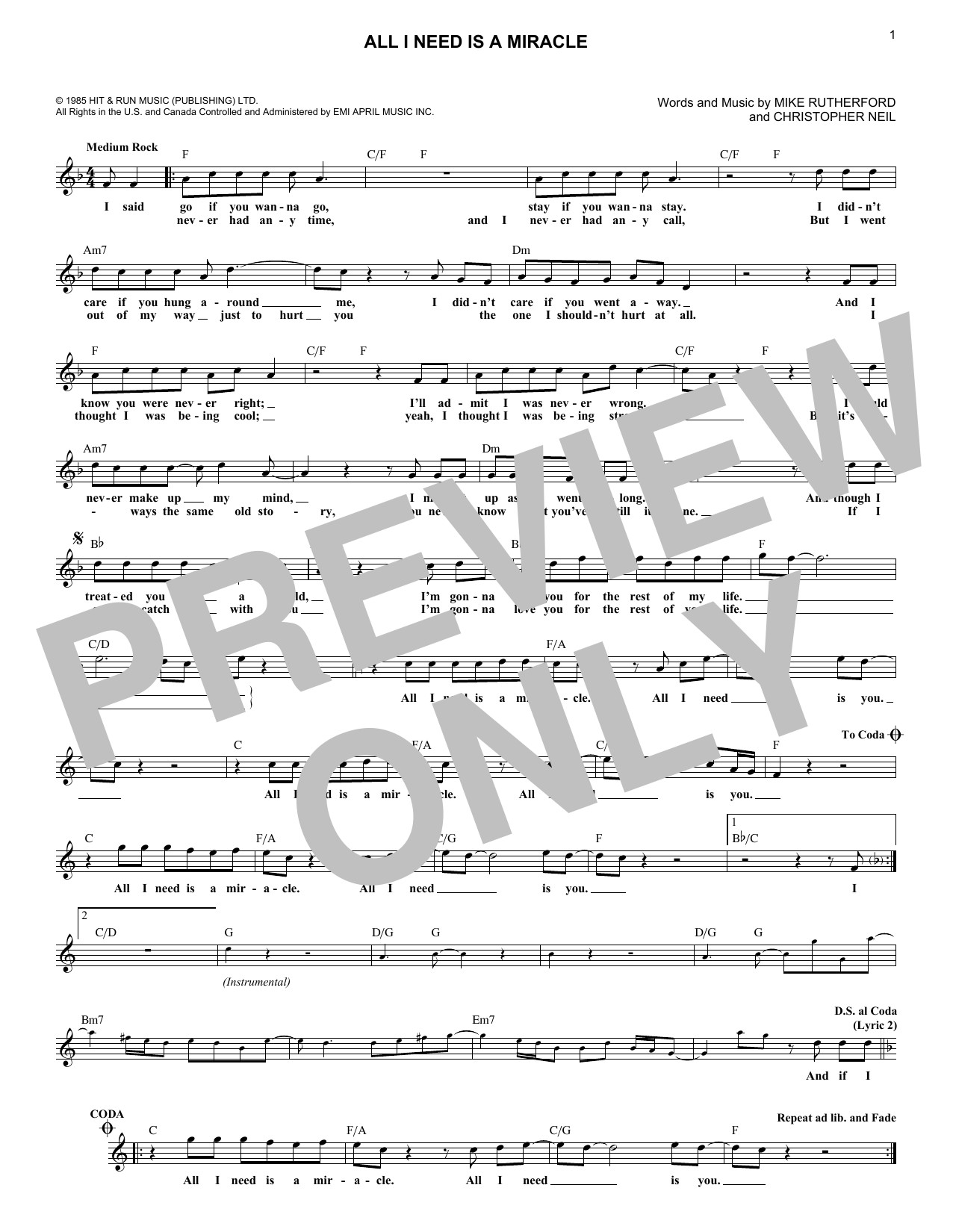 Mike & The Mechanics All I Need Is A Miracle Sheet Music