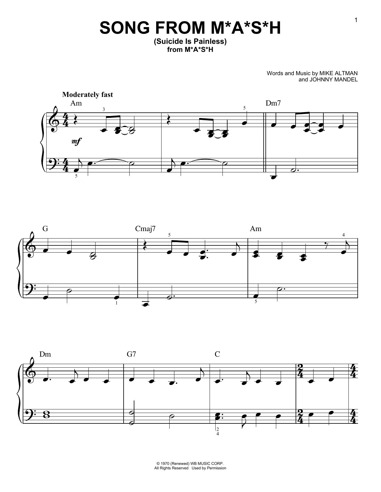 Mike Altman and Johnny Mandel Song From M*A*S*H (Suicide Is Painless) Sheet Music