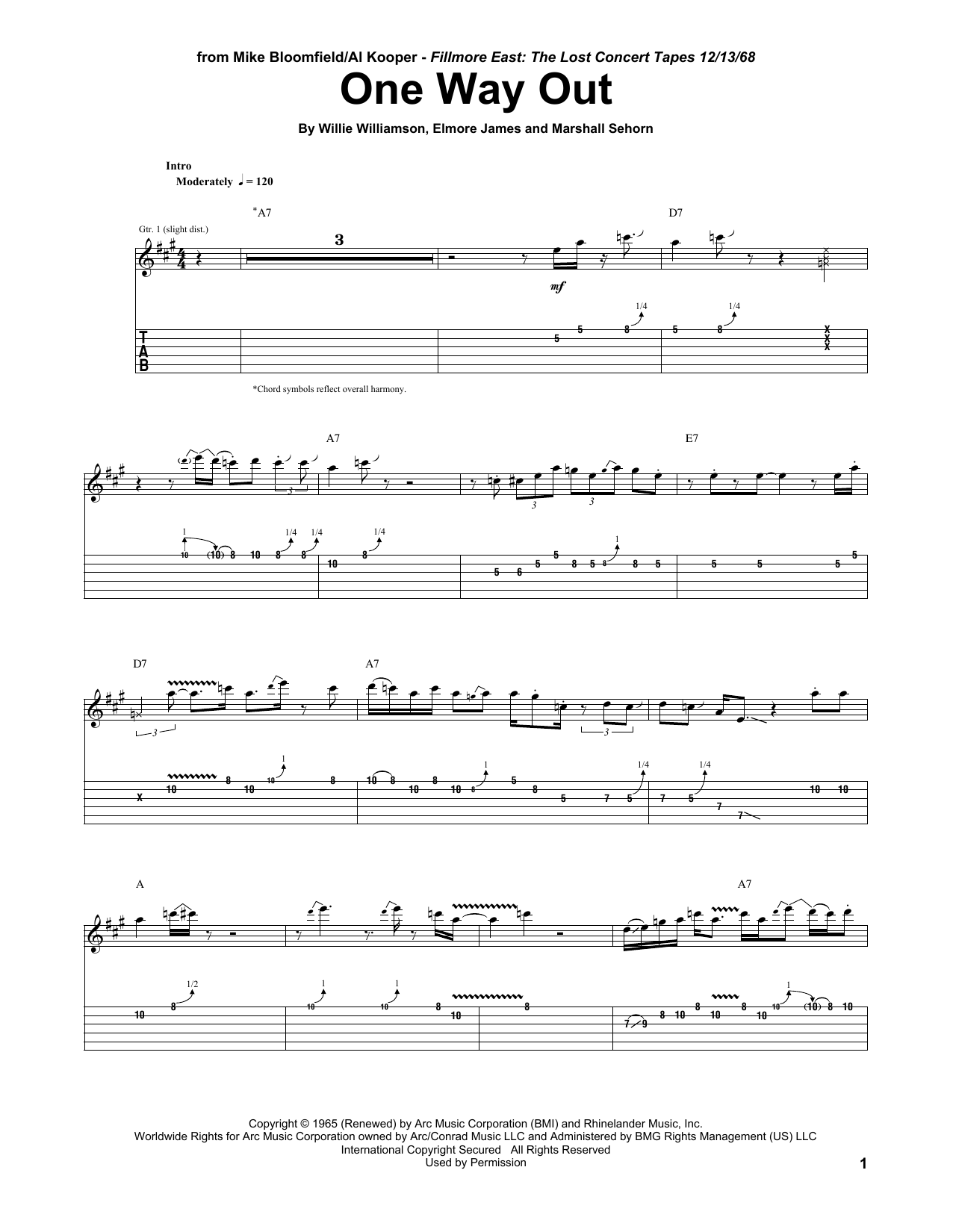 Mike Bloomfield One Way Out Sheet Music