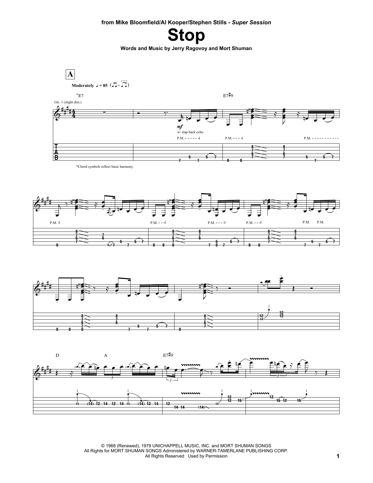 Mike Bloomfield/Al Kooper/Stephen Stills Stop Sheet Music