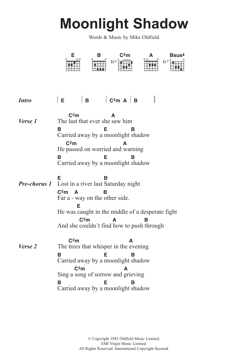 Mike Oldfield Moonlight Shadow Sheet Music