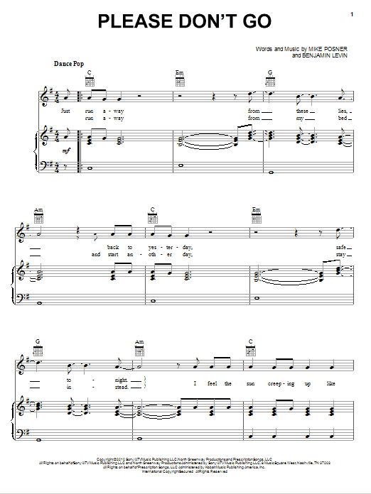 Mike Posner Please Don't Go Sheet Music