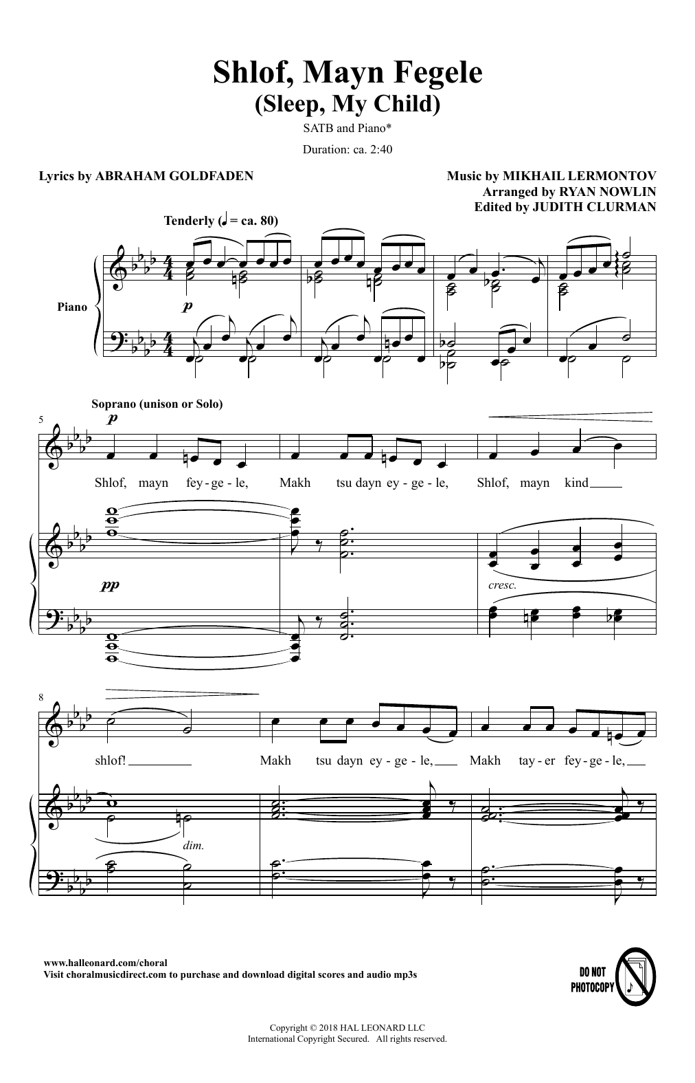 Mikhail Lermontov Shlof, Mayn Fegele (A Lullaby) (arr. Ryan Nowlin) Sheet Music