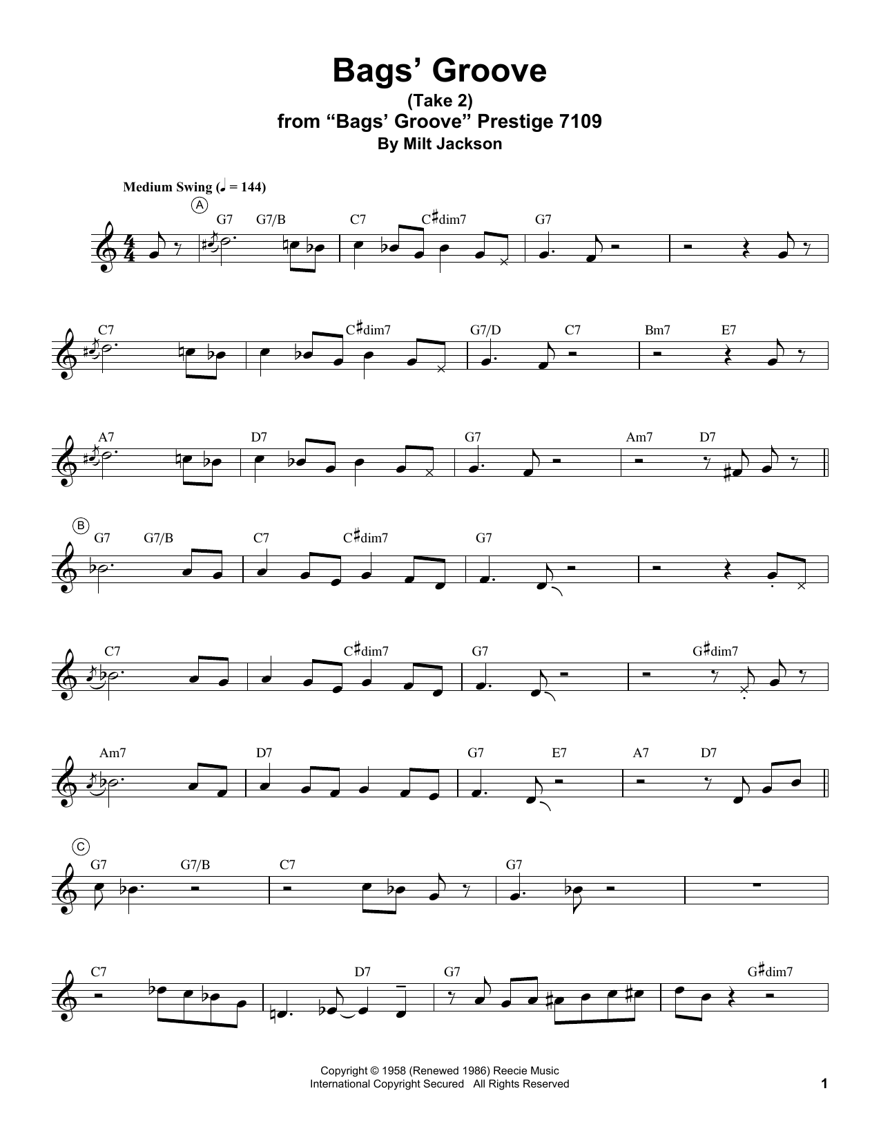 Miles Davis Bags' Groove (Take 2) Sheet Music