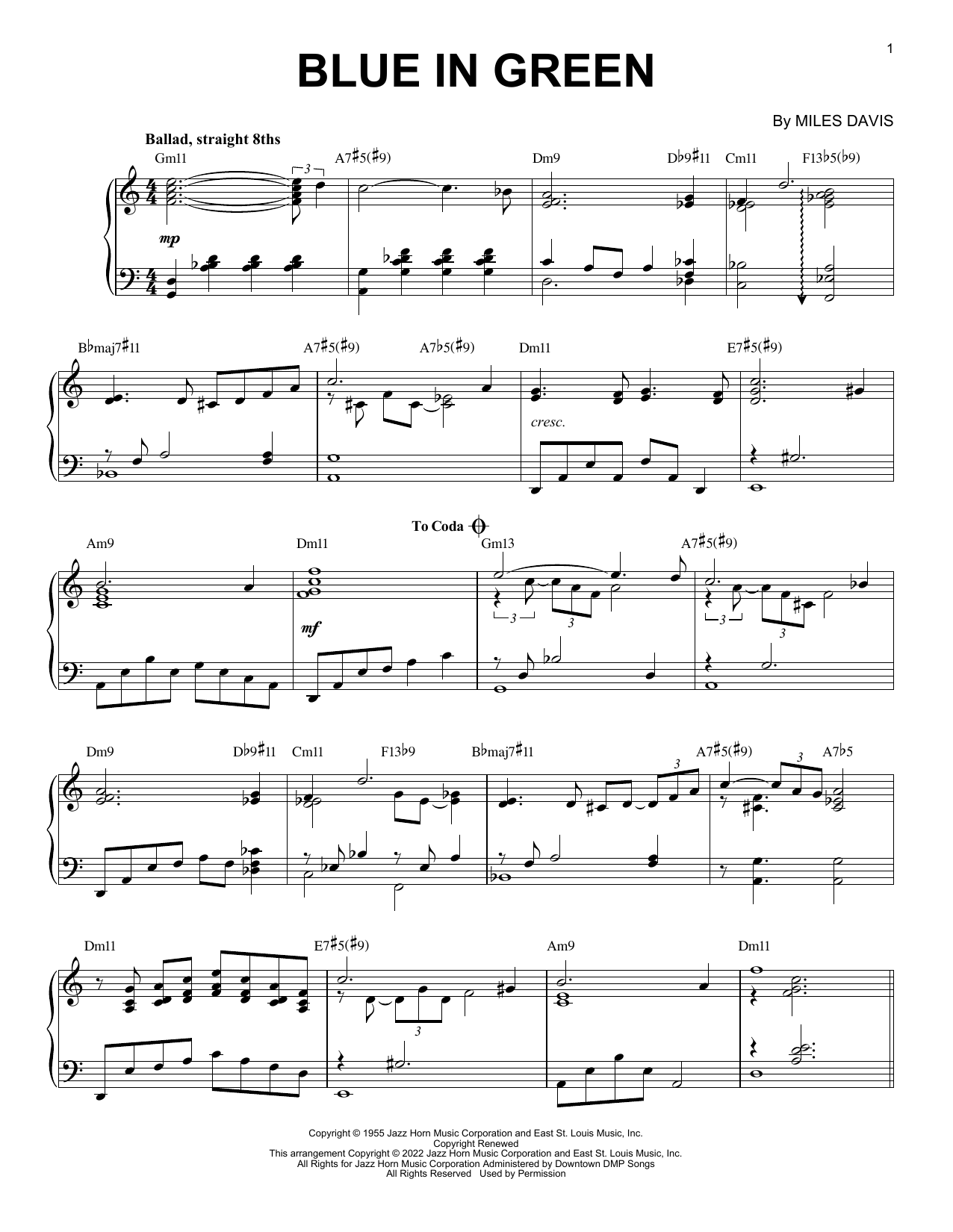Miles Davis Blue In Green [Jazz version] (arr. Brent Edstrom) Sheet Music