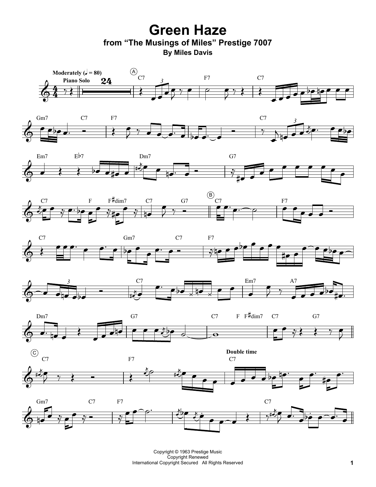 Miles Davis Green Haze Sheet Music