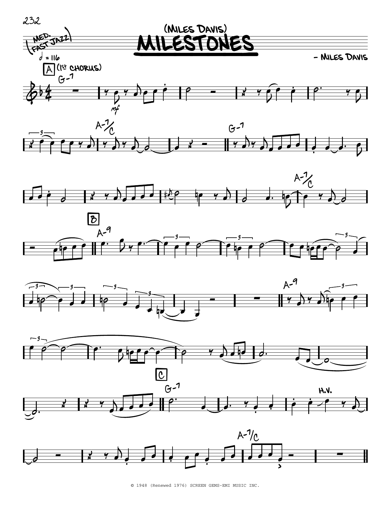 Miles Davis Milestones (solo only) Sheet Music