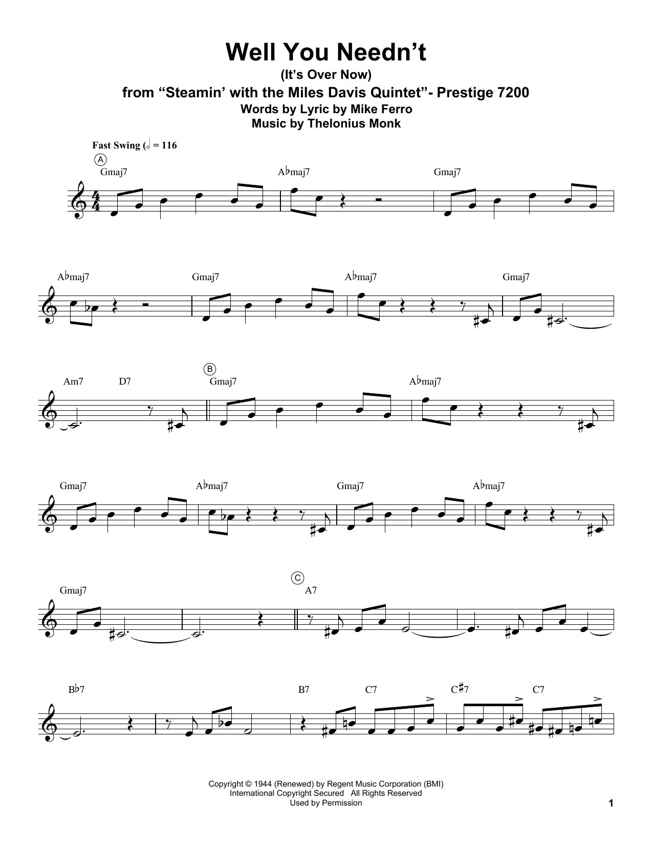 Miles Davis Well You Needn't (It's Over Now) Sheet Music