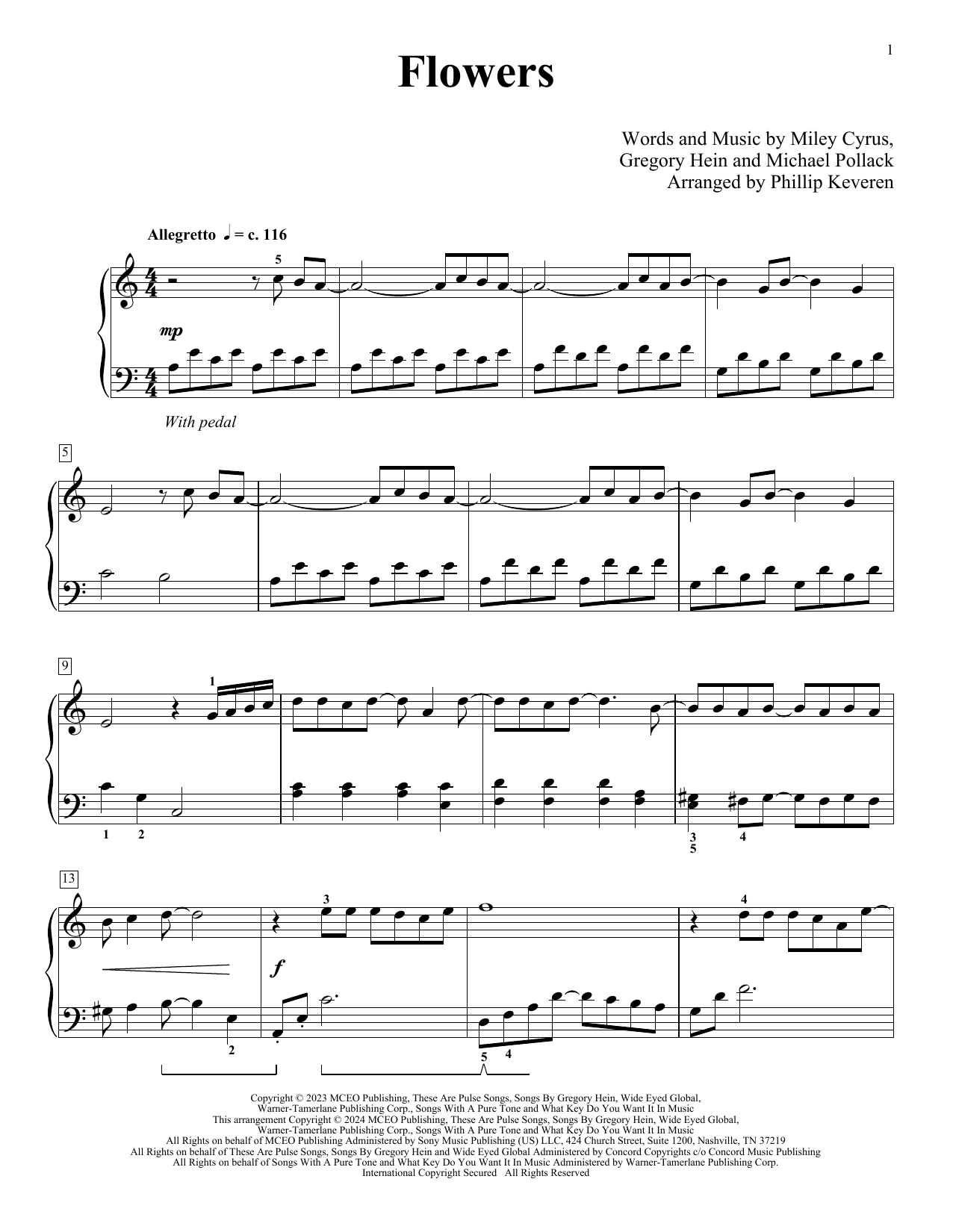 Miley Cyrus Flowers (arr. Phillip Keveren) Sheet Music