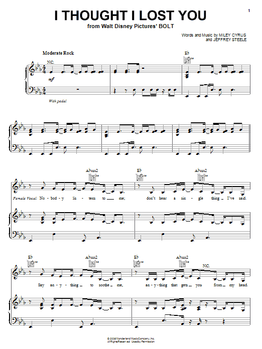 Miley Cyrus I Thought I Lost You Sheet Music