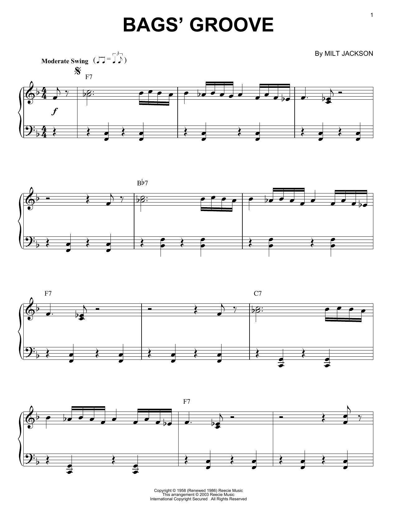 Milt Jackson Bags' Groove [Jazz version] Sheet Music