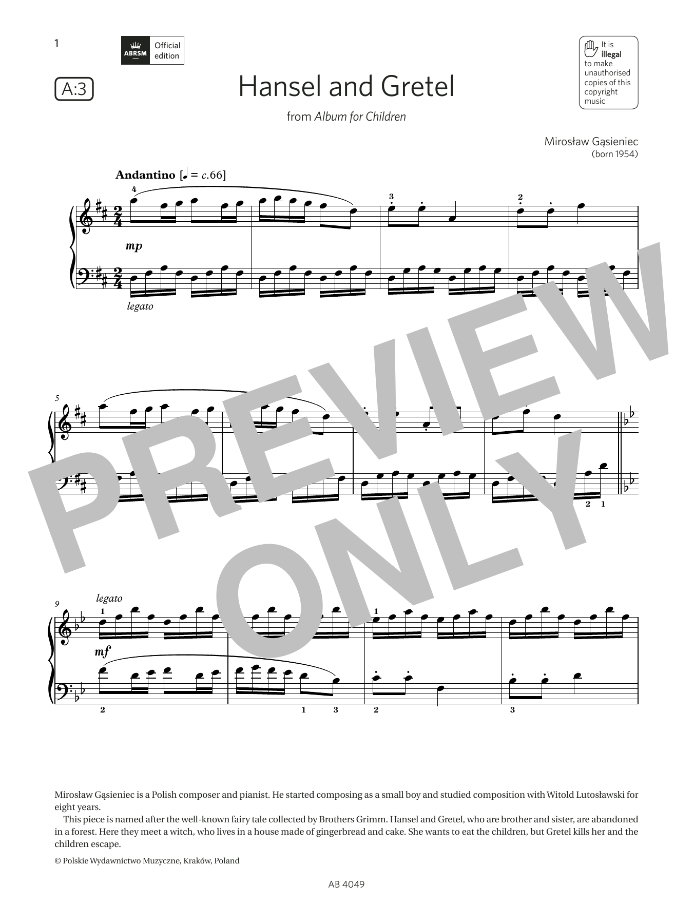 Mirosław Gąsieniec Hansel and Gretel (Grade 3, list A3, from the ABRSM Piano Syllabus 2023 & 2024) Sheet Music