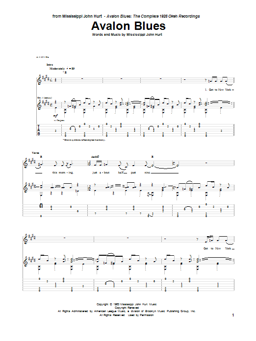Mississippi John Hurt Avalon Blues Sheet Music