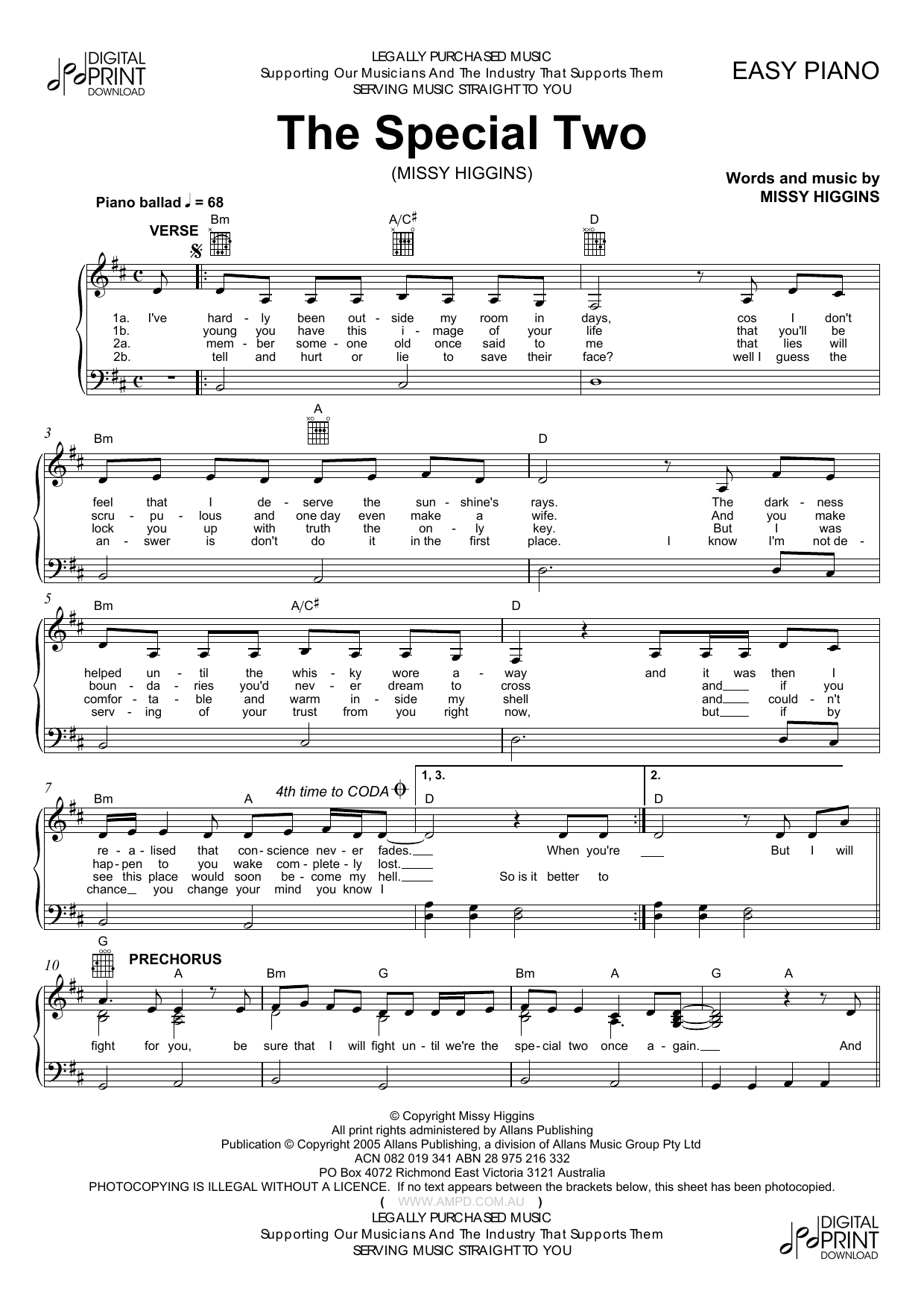 Missy Higgins The Special Two Sheet Music
