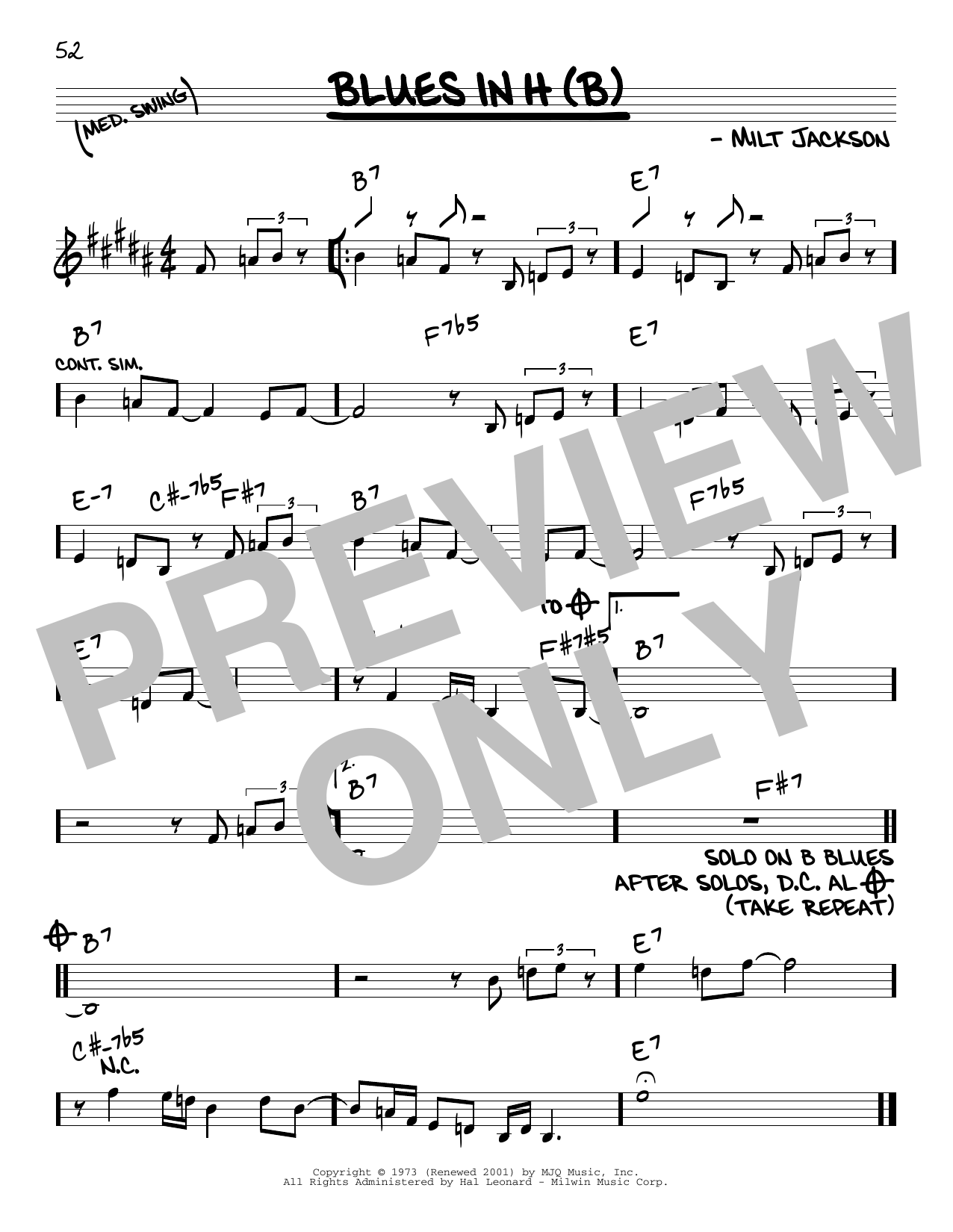 Modern Jazz Quartet Blues In H (B) Sheet Music