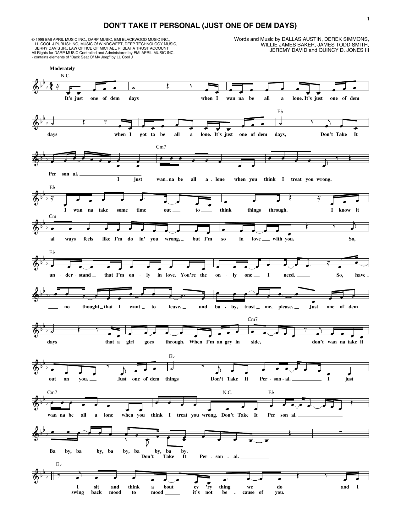 Monica Don't Take It Personal (Just One Of Dem Days) Sheet Music
