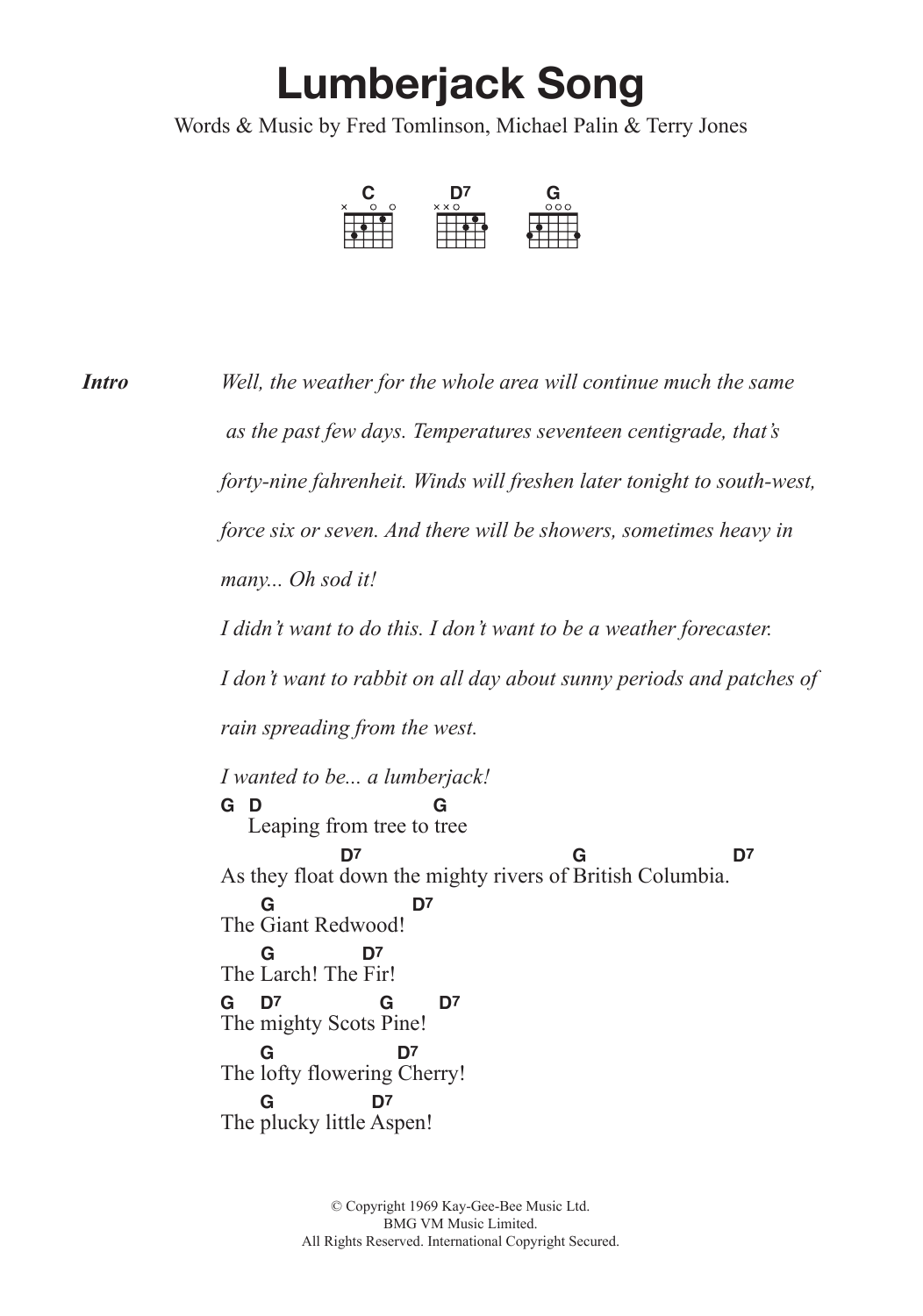 Monty Python Lumberjack Song Sheet Music