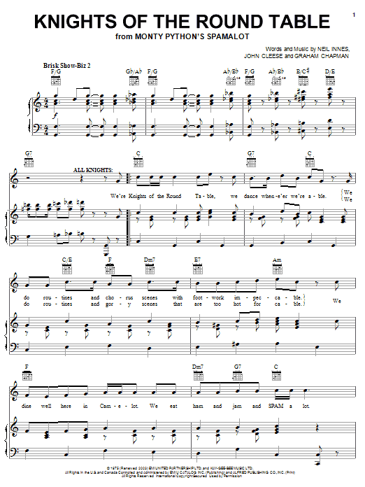 Monty Python's Spamalot Knights Of The Round Table Sheet Music