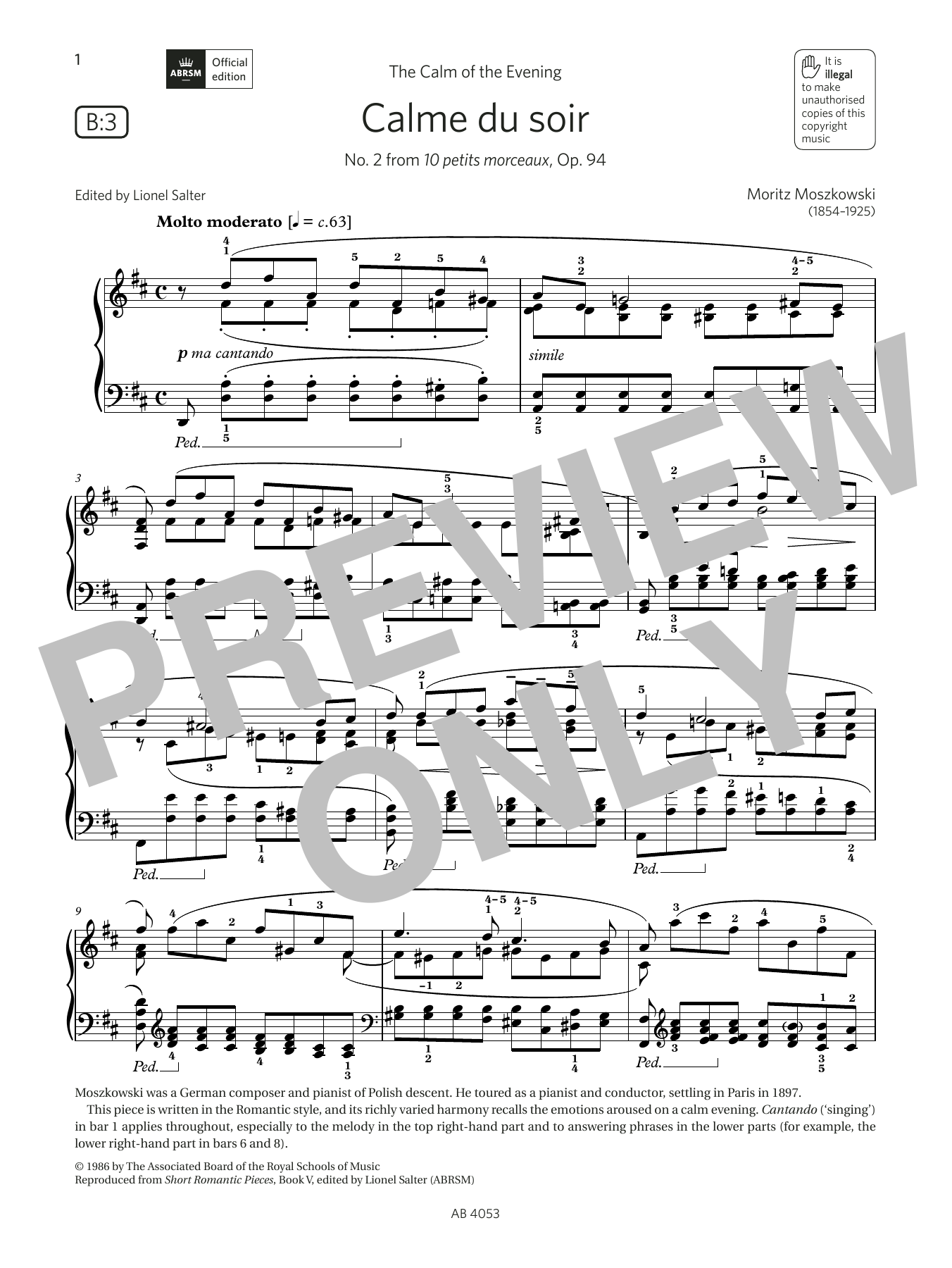 Moritz Moszkowski Calme du soir (Grade 7, list B3, from the ABRSM Piano Syllabus 2023 & 2024) Sheet Music