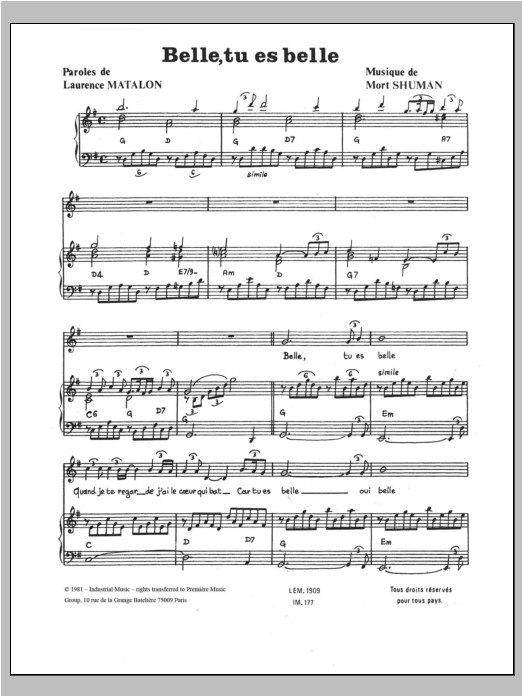 Mort Shuman Belle, Tu Es Belle Sheet Music