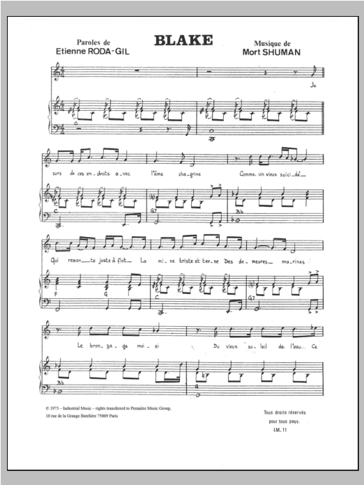 Mort Shuman Blake Sheet Music