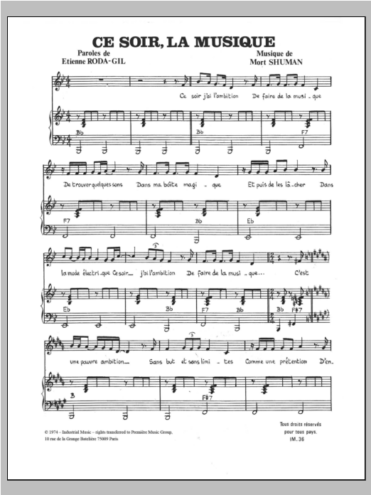Mort Shuman Ce Soir La Musique Sheet Music