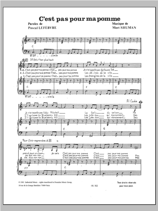 Mort Shuman C'est Pas Pour Ma Pomme Sheet Music