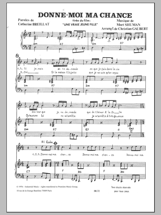 Mort Shuman Donne Moi Ma Chance Sheet Music