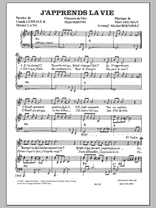 Mort Shuman J'apprends La Vie Sheet Music