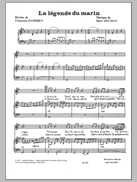 Mort Shuman La Legende Du Marin Sheet Music