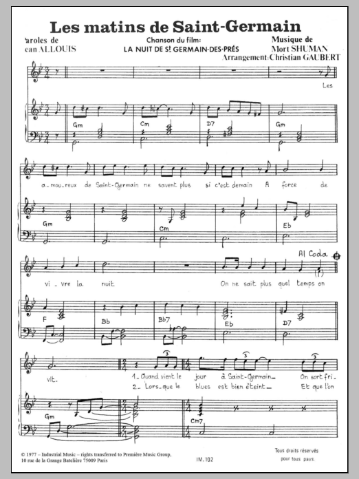 Mort Shuman Les Matins De Saint-Germain Sheet Music