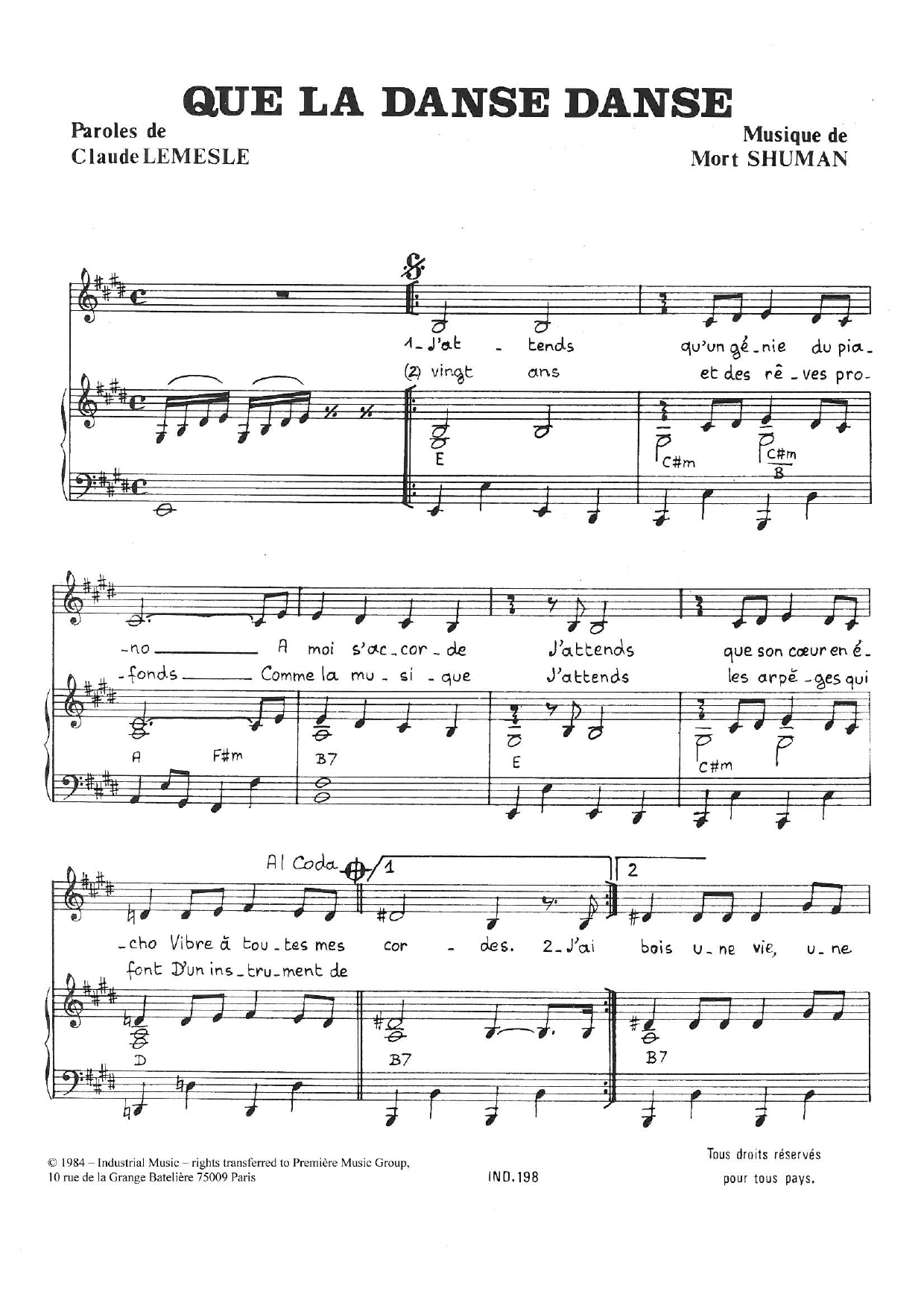 Mort Shuman Que La Danse Danse Sheet Music