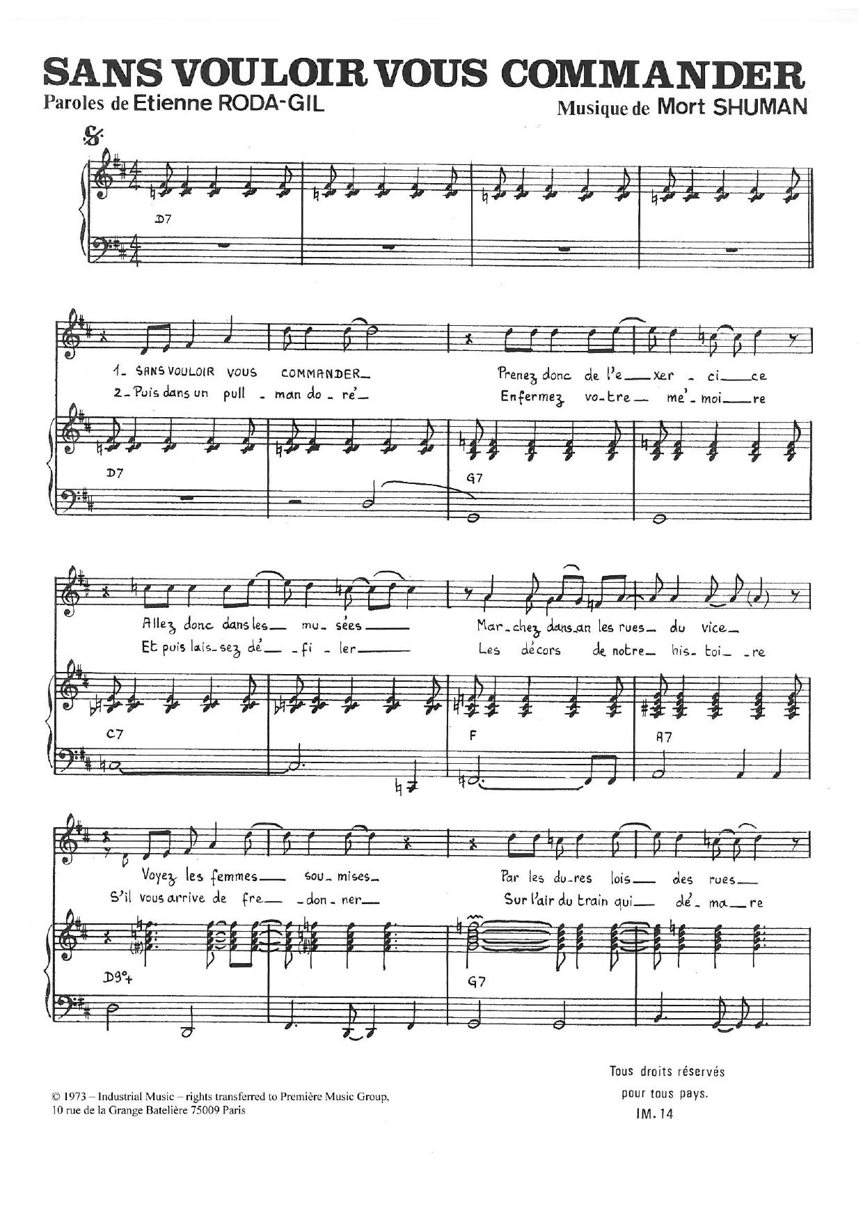 Mort Shuman Sans Vouloir Vous Commander Sheet Music