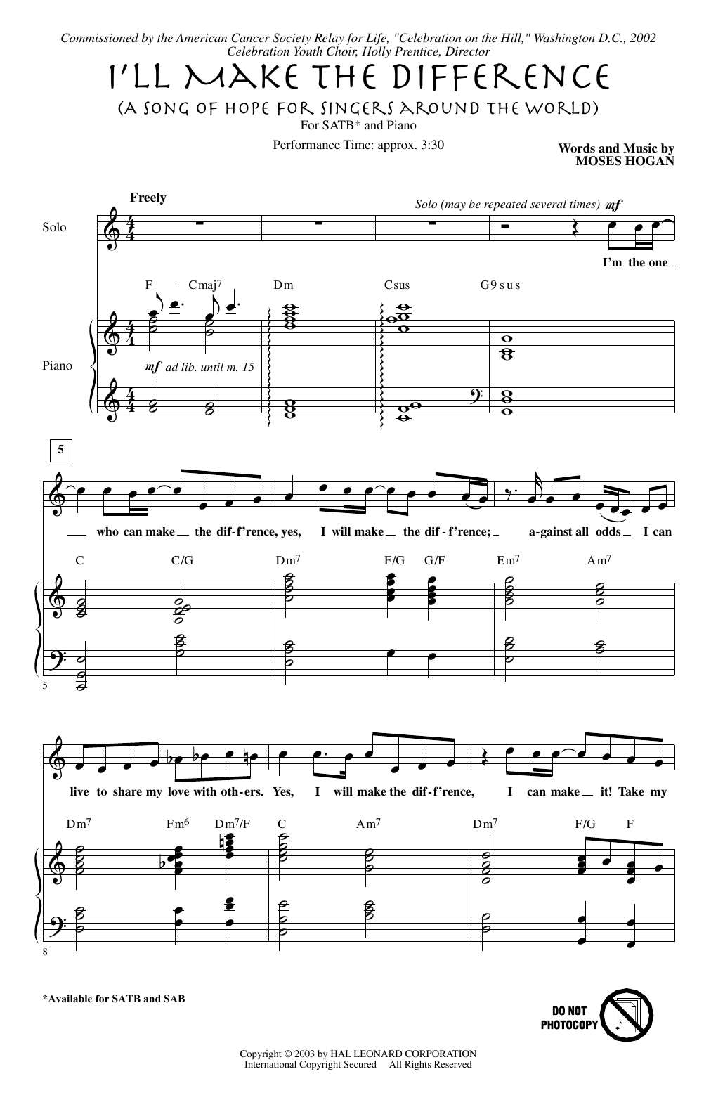 Moses Hogan I'll Make The Difference (A Song Of Hope For Singers Around The World) Sheet Music