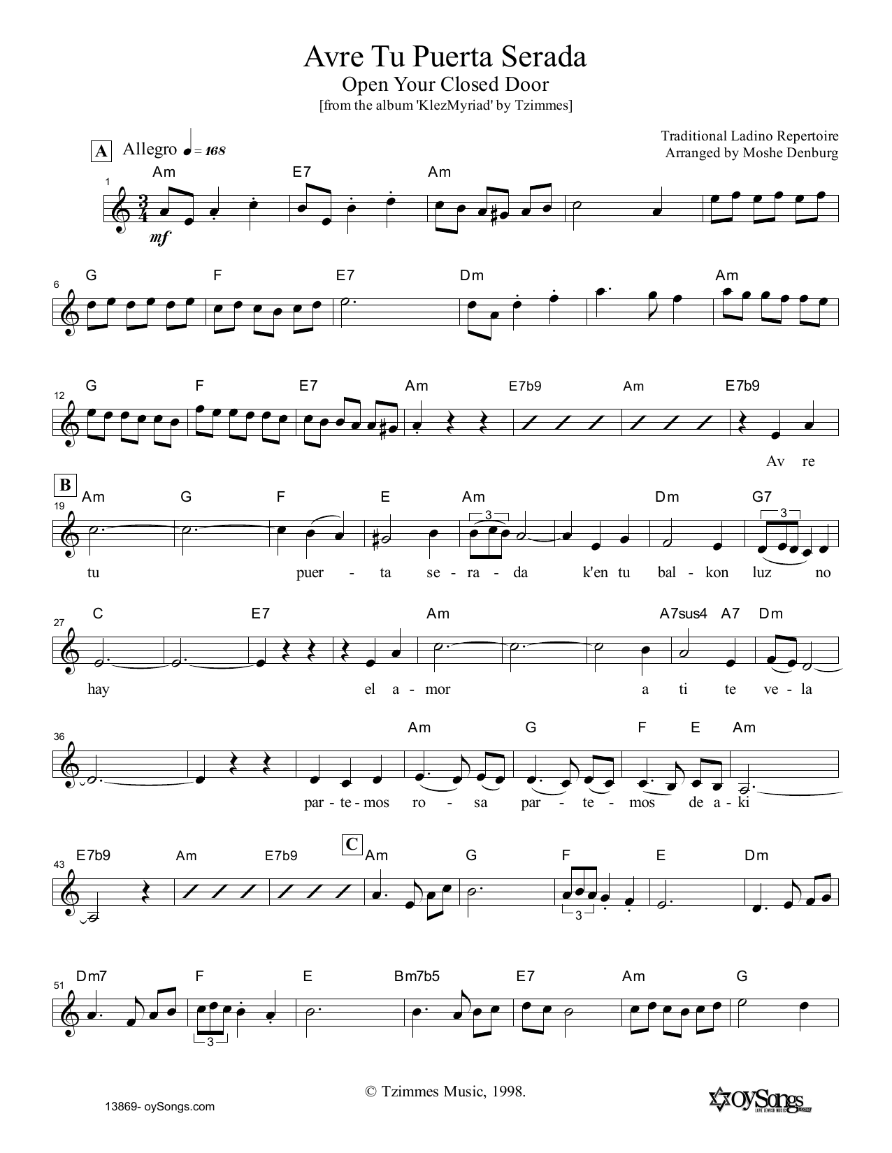 Moshe Denburg Avre Tu Puerta Serada Sheet Music
