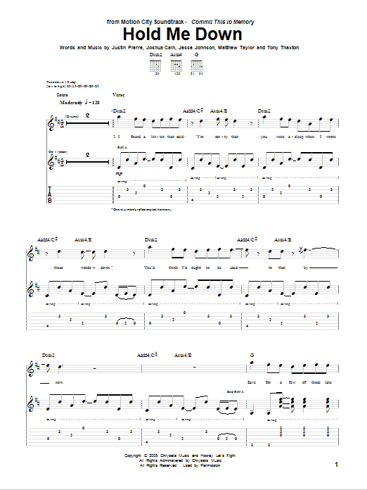 Motion City Soundtrack Hold Me Down Sheet Music
