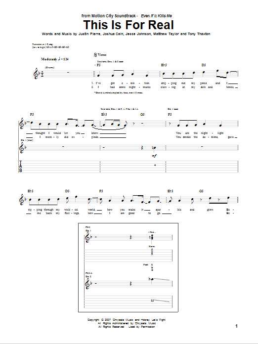 Motion City Soundtrack This Is For Real Sheet Music