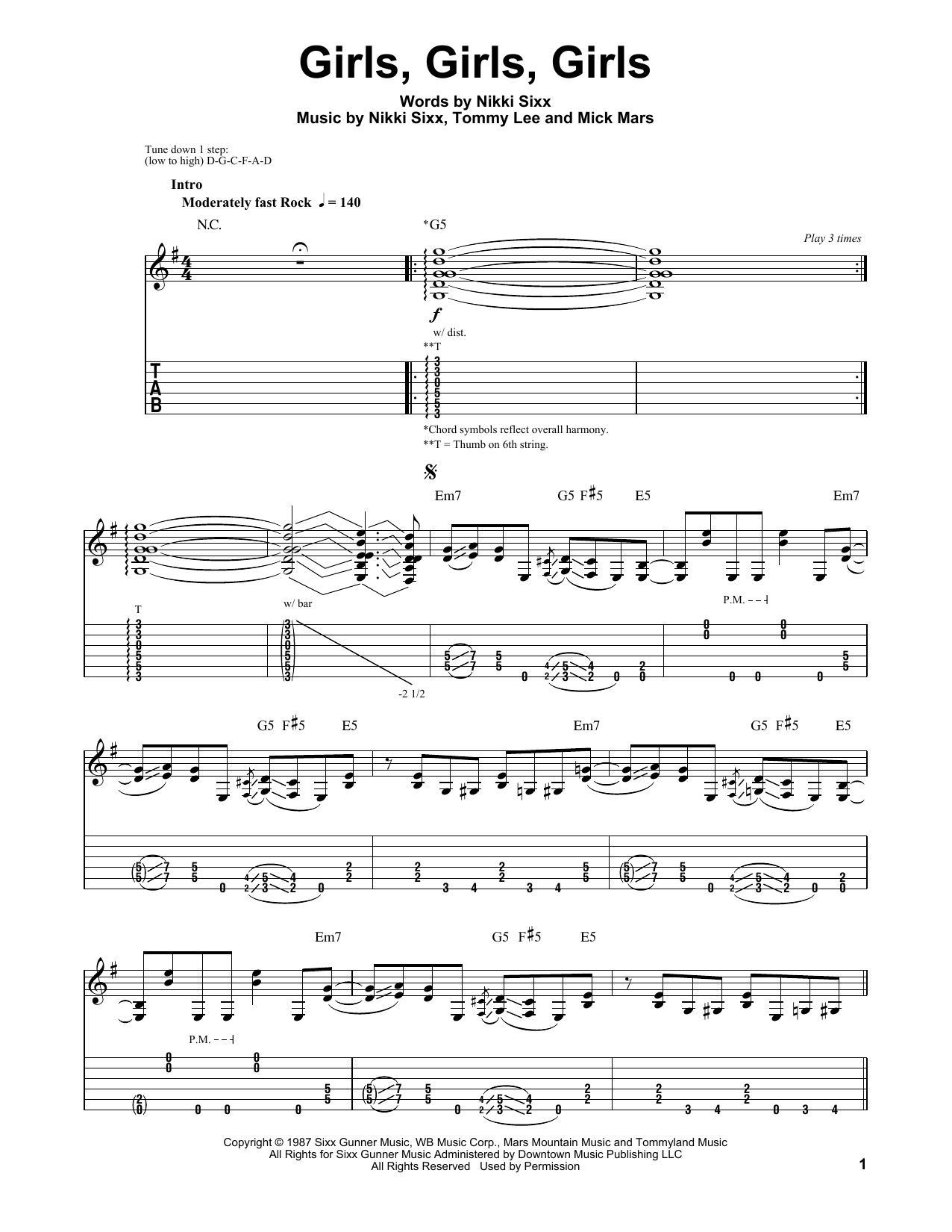 Motley Crue Girls, Girls, Girls Sheet Music