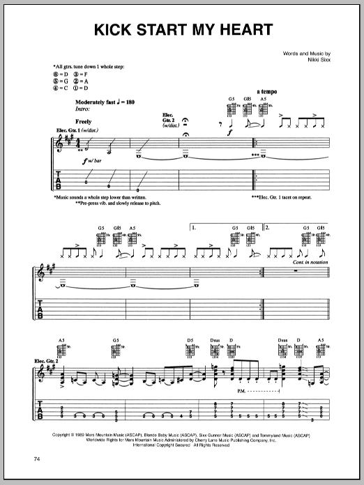 Motley Crue Kick Start My Heart Sheet Music