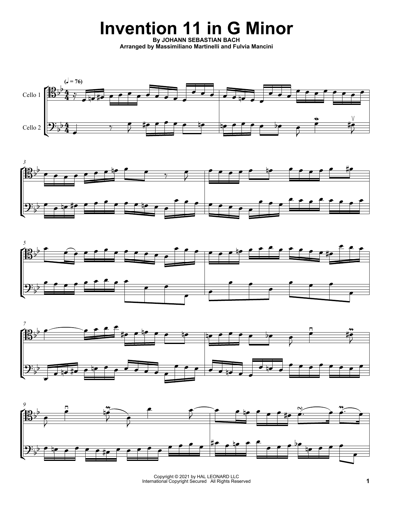 Mr & Mrs Cello Invention 11 In G Minor Sheet Music