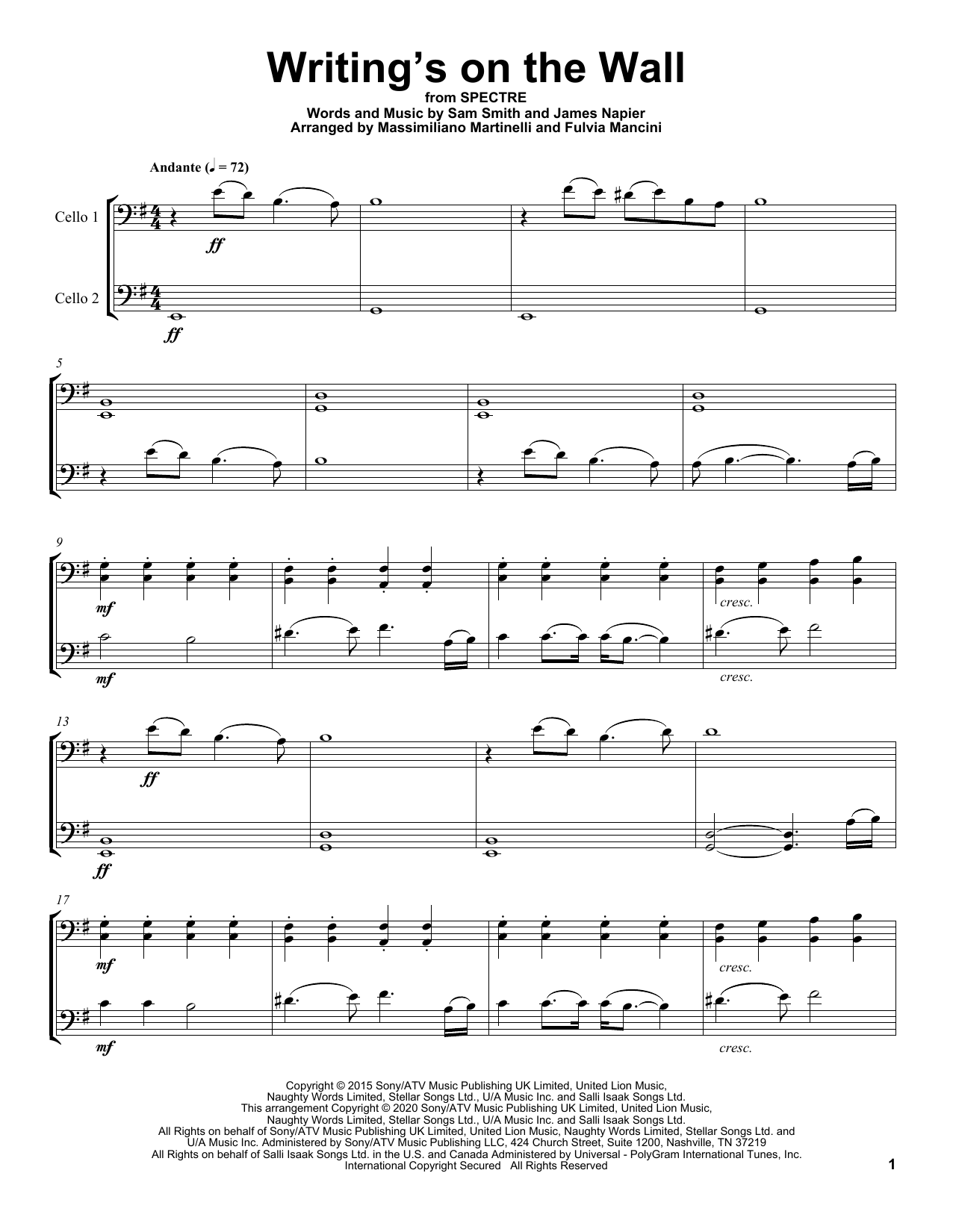 Mr & Mrs Cello Writing's On The Wall Sheet Music