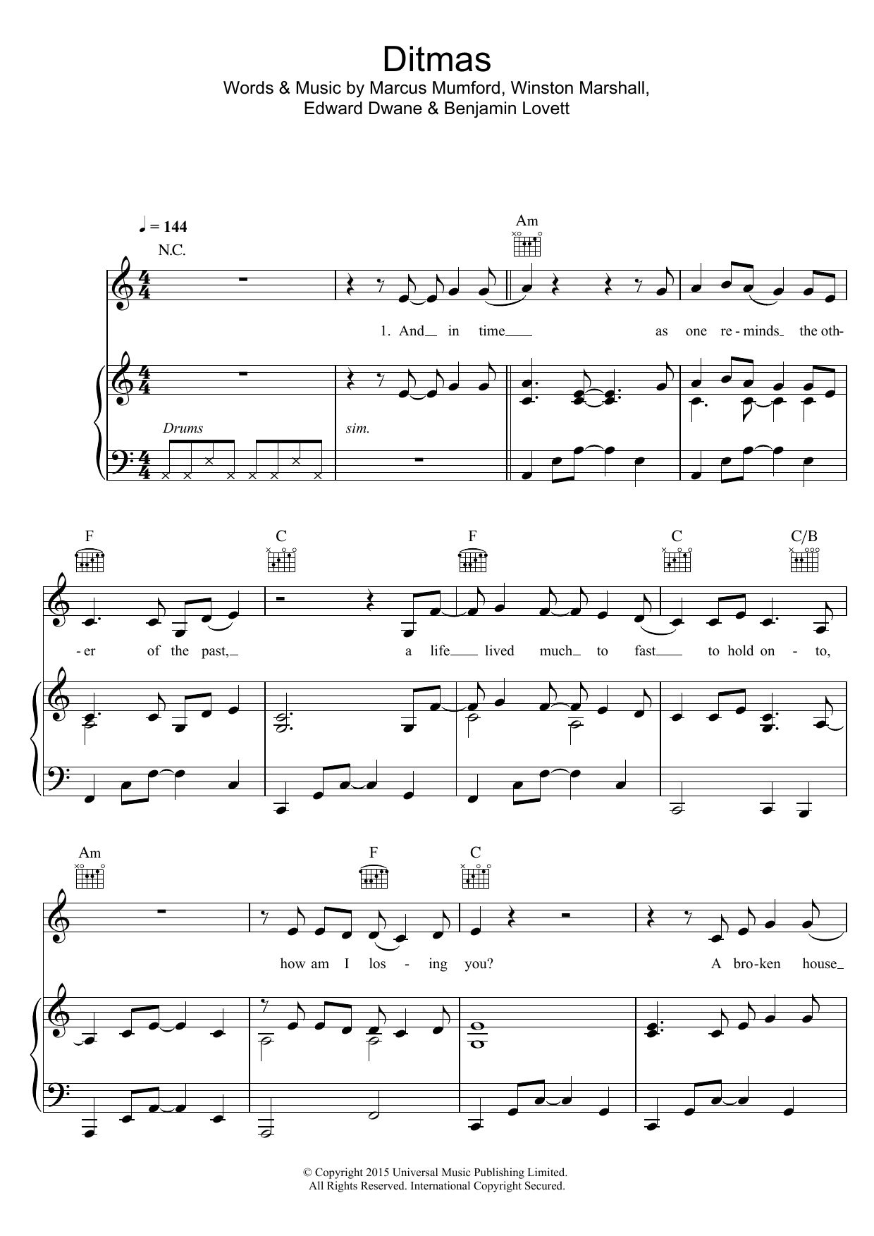 Mumford & Sons Ditmas Sheet Music