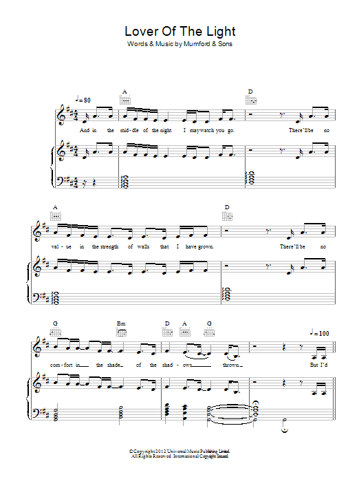 Mumford & Sons Lover Of The Light Sheet Music