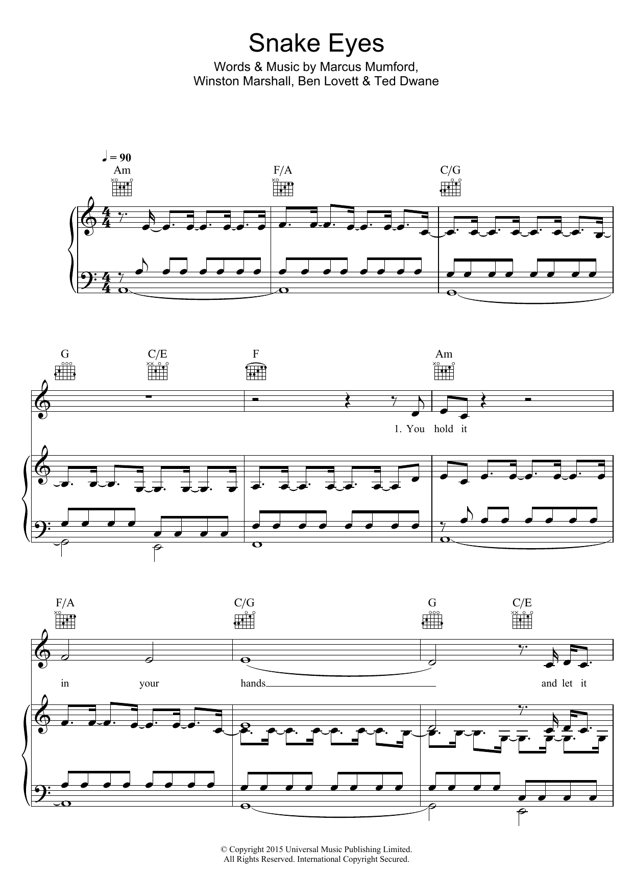 Mumford & Sons Snake Eyes Sheet Music